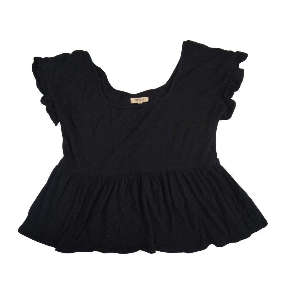 Madewell Black Ruffle Sleeve Peplum Top Square Neck Cotton Blend XS